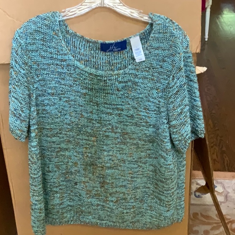 LADIES TOP AQUA, HEATHER GRAY, AMBER COLOR KNIT 1